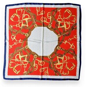 Red Scarf 27” X 27” Horse Golden Chains Women Scarve Nave Blue Vintage Style